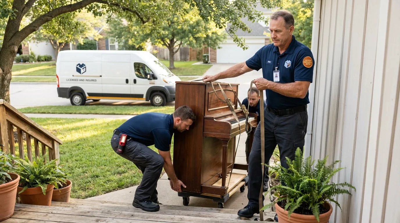 Licensed piano movers securing grand piano in Georgetown, OH