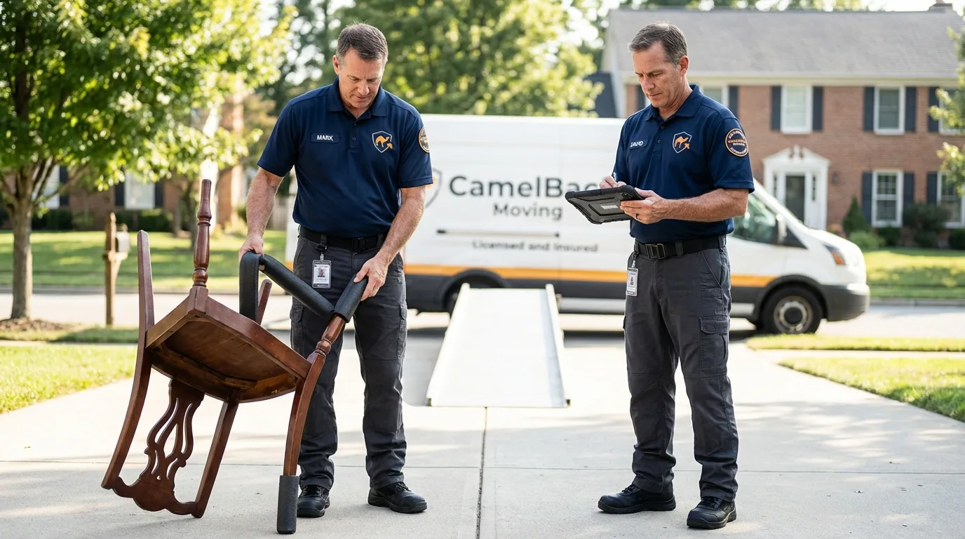 Movers inspecting furniture for damage prevention before loading in Georgetown, OH